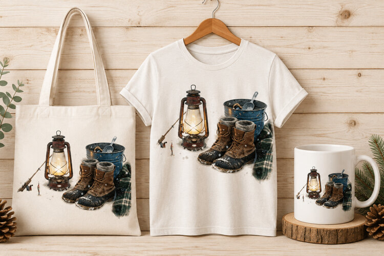 Vintage Ice Fishing Lantern and Boots Winter Art example image 1