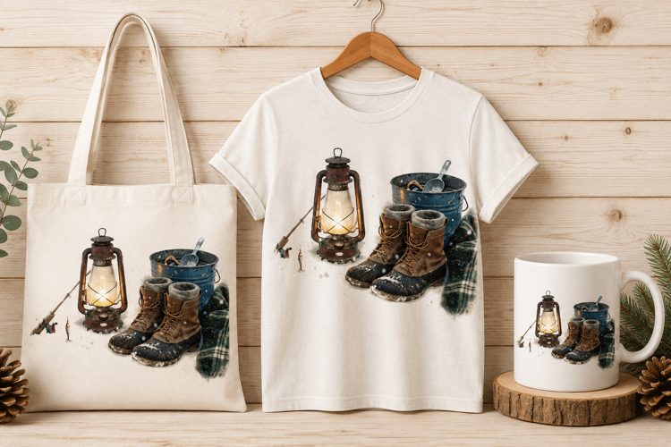 Vintage Ice Fishing Lantern and Boots Winter Art