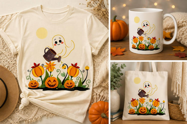 Halloween Ghost PNG | Cute Ghost Watering Pumpkin Patch
