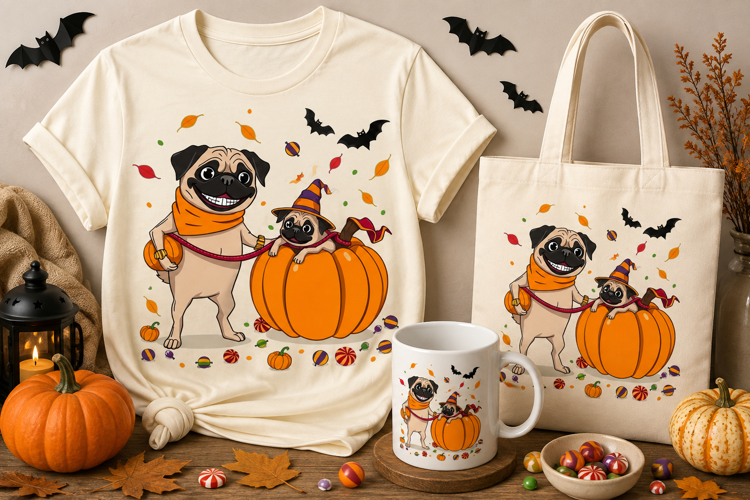 Halloween Pug PNG | Cute Pug Pumpkin Witch Dog Clipart