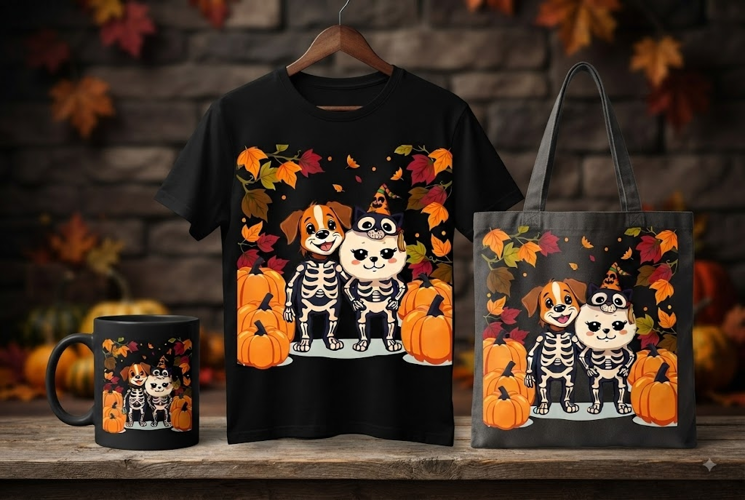 Halloween Skeleton Dog & Cat PNG | Cute Pumpkin Clipart