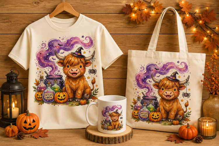 Moo-Spooky Halloween Highland Cow Witch Sticker PNG