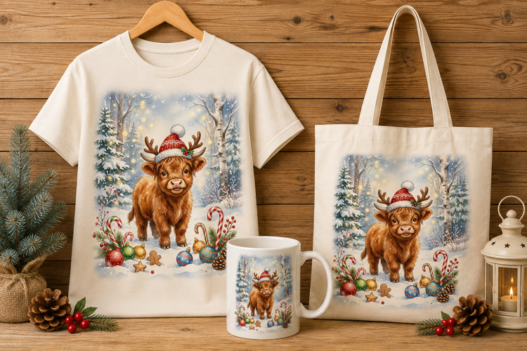 Christmas Highland Cow Reindeer Antlers Watercolor Art