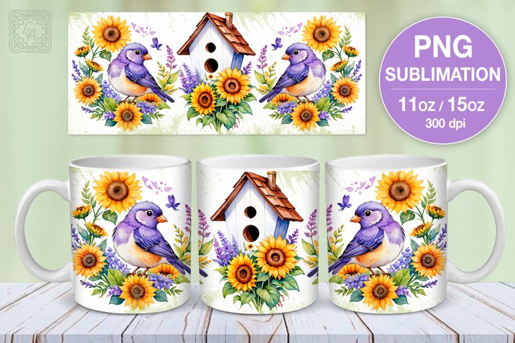 Birdhouse & Sunflowers mug PNG sublimation 11 & 15 oz