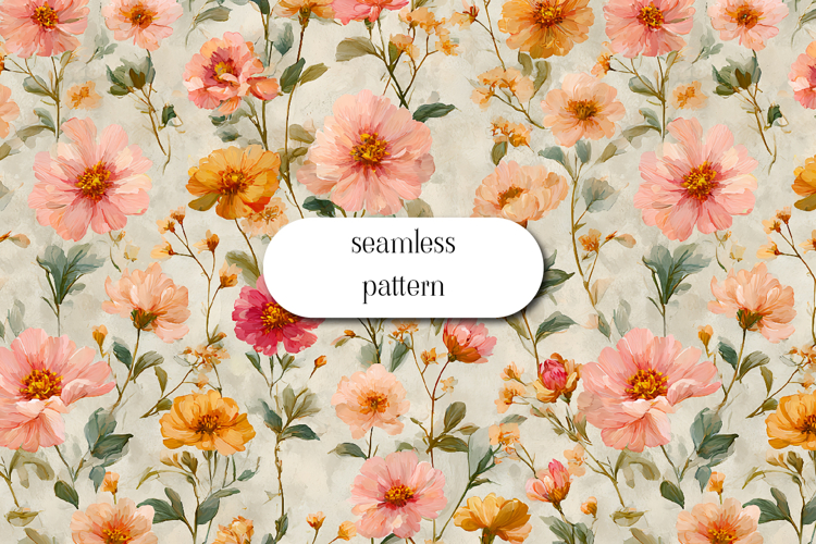 Seamless Beige Floral Pattern with Pink and Orange Blooms