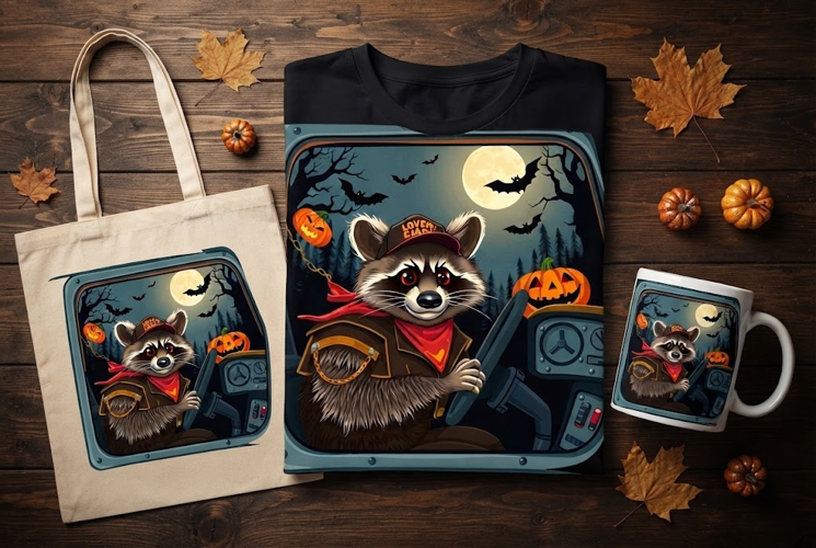 Raccoon Truck Driver Halloween Design with Full Moon