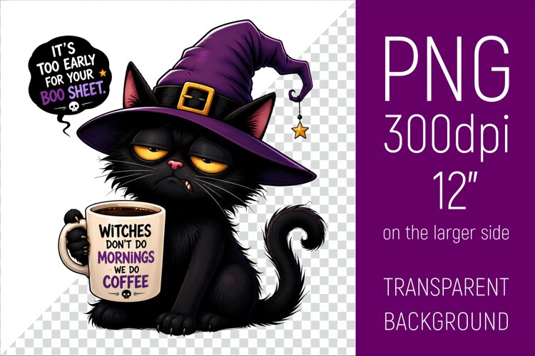 Funny Morning Coffee Cat in Witch Hat | Halloween Clipart example image 1