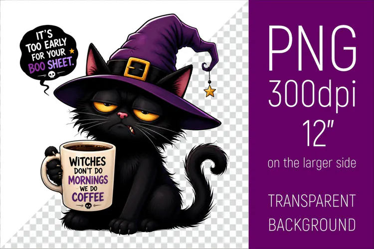 Funny Morning Coffee Cat in Witch Hat | Halloween Clipart