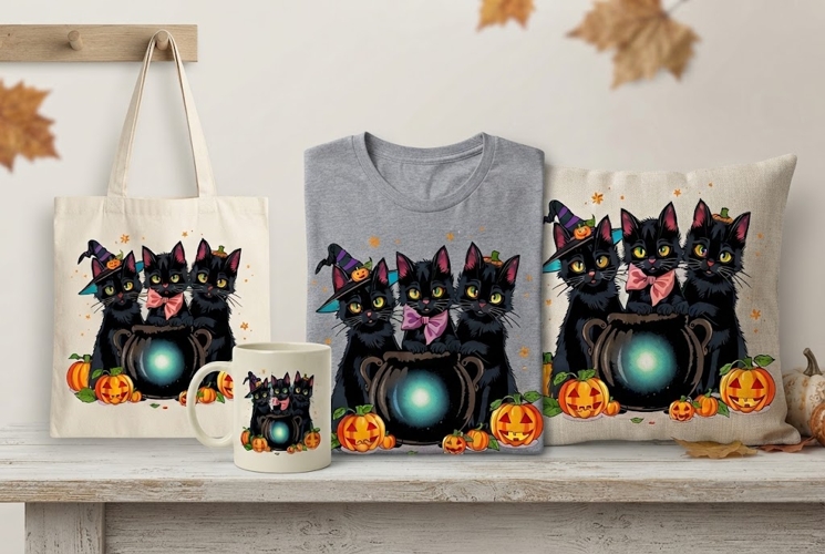 Halloween Black Cats PNG | Witchy Cat Cauldron Pumpkin Desig