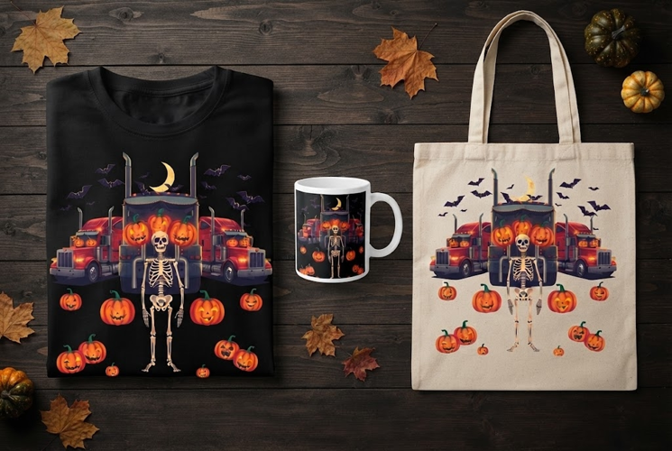 Skeleton Trucker Halloween Design with Pumpkins and Semi