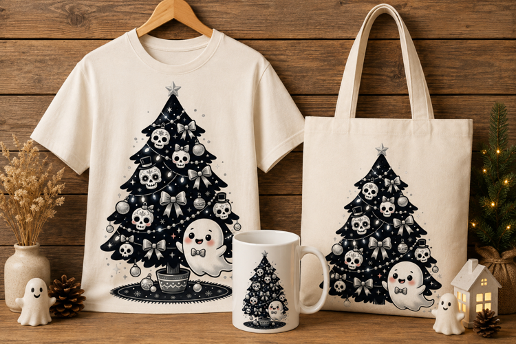 Goth Christmas Tree Ghost Silver Skull Spooky Holiday Art