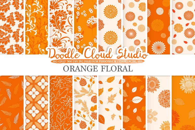 Orange Floral digital paper, Floral pattern Flowers Dhalia Leaves Damask Calico background, Instant Download, Personal & Commercial Use example image 1