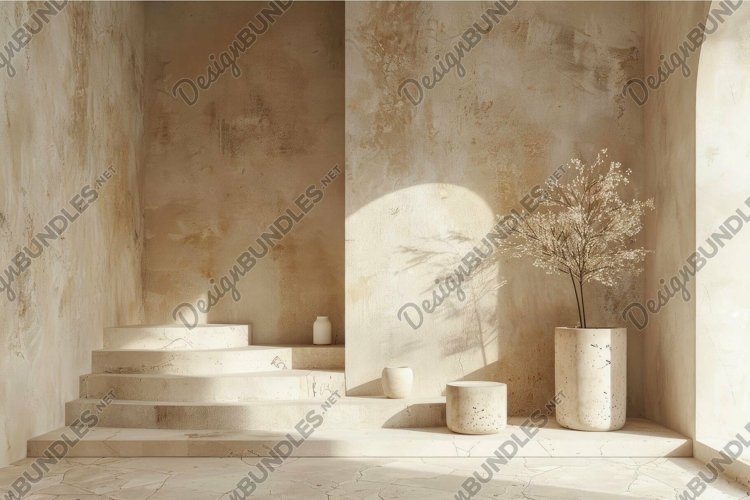 Sun shining on empty minimalist interior with round staircas