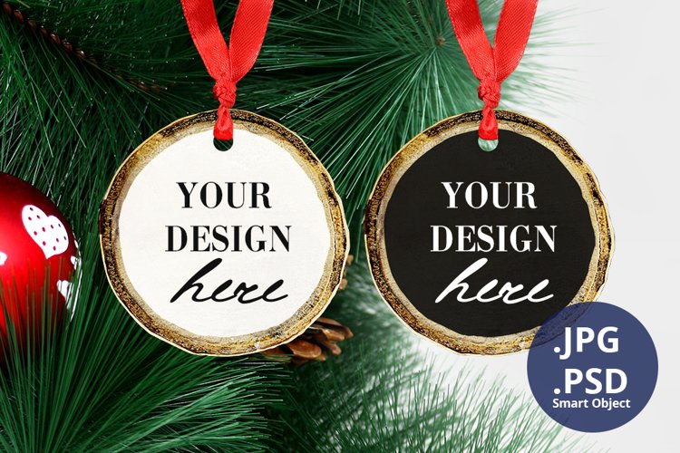 2 Wood Ornaments Mockup PSD, Two Wood Ornaments Mockup example image 1