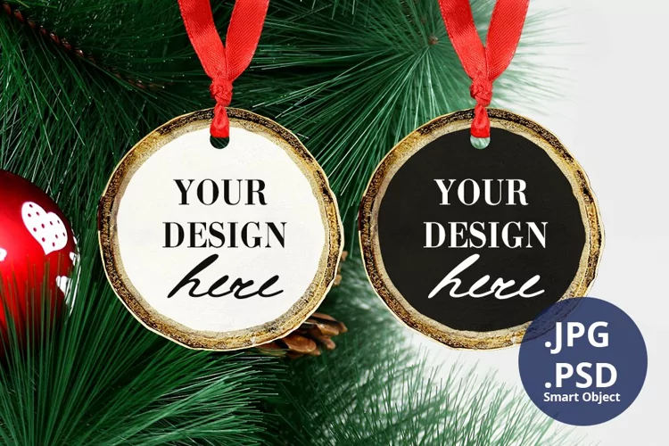 2 Wood Ornaments Mockup PSD, Two Wood Ornaments Mockup