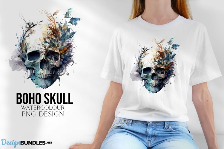 Watercolour Skull with flowers 3