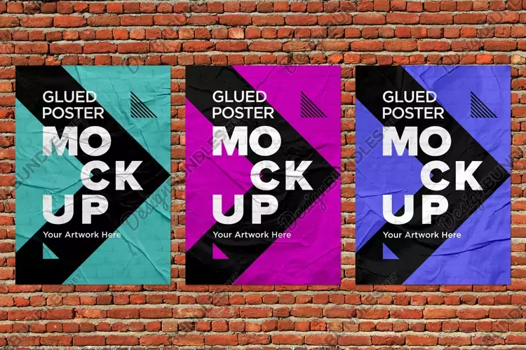 Poster Mockup with Glued, Wrinkled & Crumpled Paper Effect