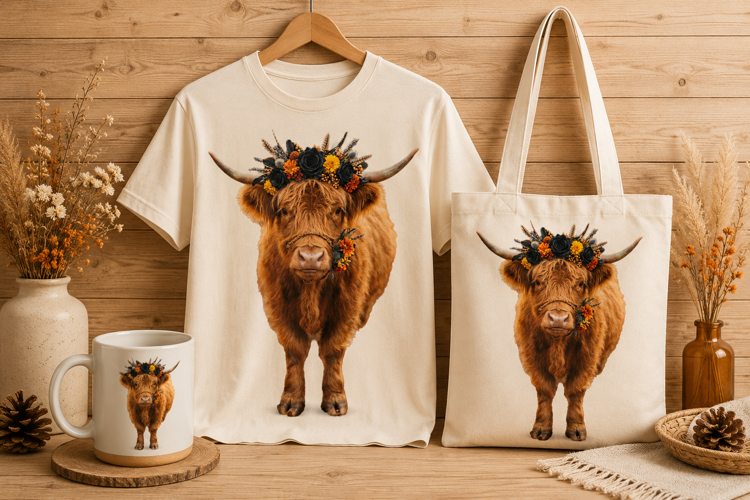 Highland Cow with Black and Orange Floral Crown Art Print
