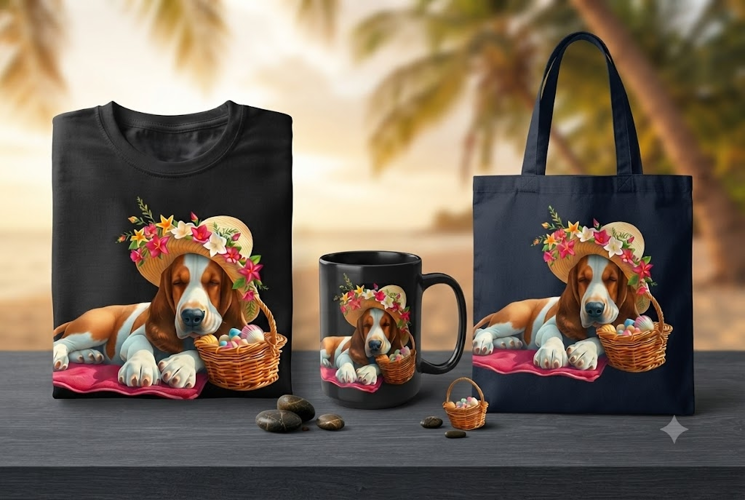 Sleeping Basset Hound Beach PNG Summer Dog Clipart Design