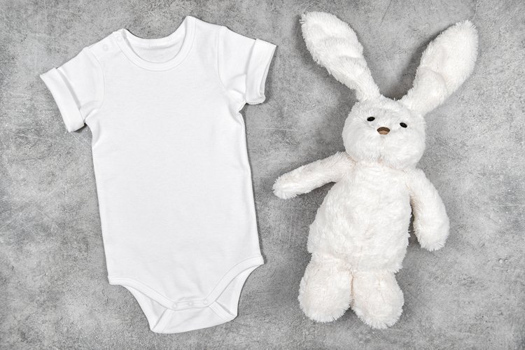 White Baby Bodysuit mock up Easter bunny stock photo