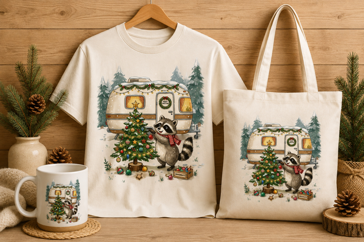 Cute Raccoon Decorating Christmas Tree Camper Art Print