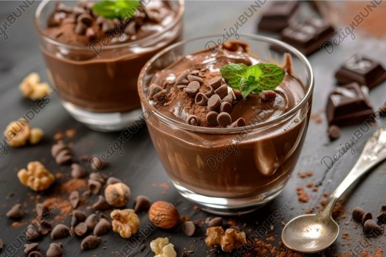 Chocolate mousse decorated with mint and chocolate chips on