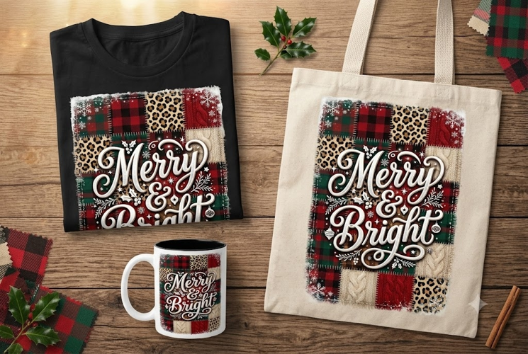 Merry & Bright Patchwork Christmas PNG | Rustic Holiday Desi