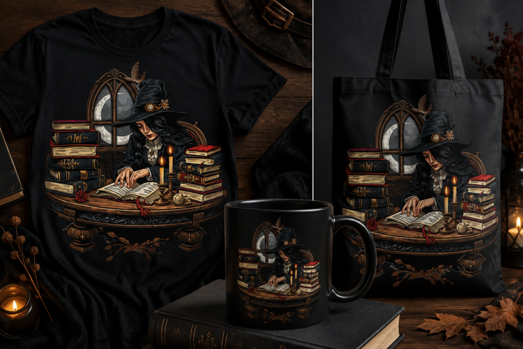 Witch Reading Books PNG | Gothic Halloween Witch Clipart