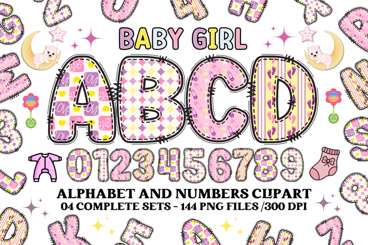 Baby Girl Alphabet, baby girl letters doodle, baby clipart