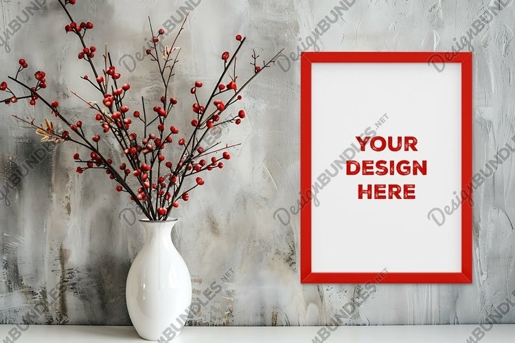Frame mockup on grunge industrial wall with vase and flowers example image 1