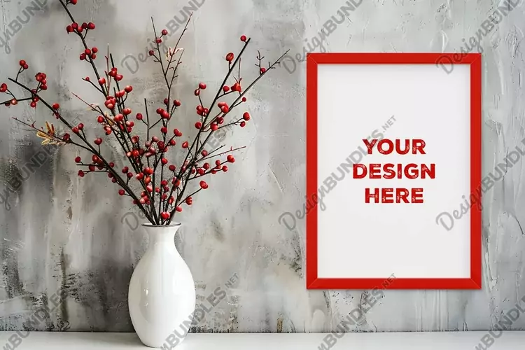 Frame mockup on grunge industrial wall with vase and flowers