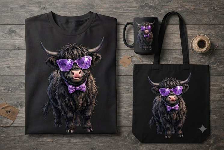 Black Highland Cow PNG with Purple Glasses & Bow Tie