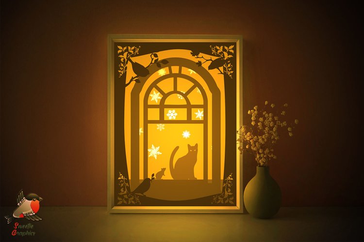 Window Cat Mouse Silhouette Lightbox Shadow Box SVG Template example image 1