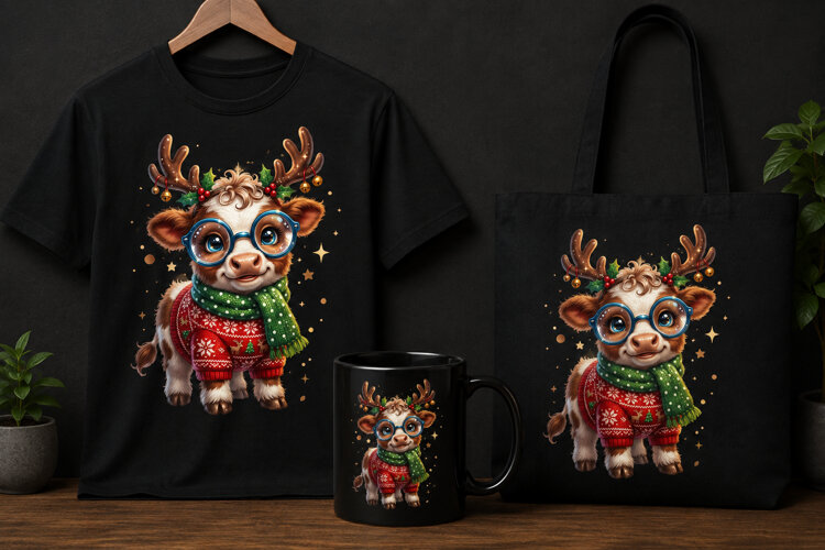 Cute Reindeer Cow PNG Christmas Holiday Clipart Design example image 1