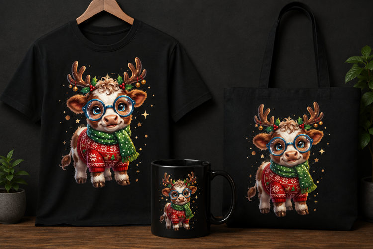 Cute Reindeer Cow PNG Christmas Holiday Clipart Design