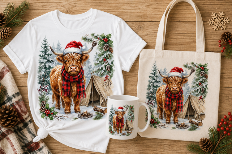 Highland Cow Buffalo Plaid Scarf Santa Hat Christmas Art