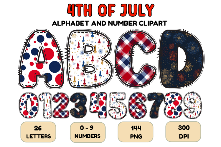 4th July Alphabet png clipart, independence letters doodle