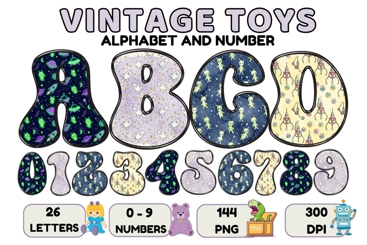 Vintage Toys Alphabet and Numbers PNG 300 DPI