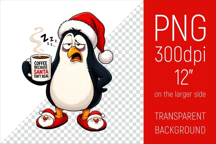 Funny Morning Coffee White Penguin in Santa Hat example image 1