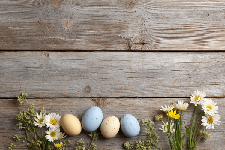 Colorful Easter Eggs on Wooden Background