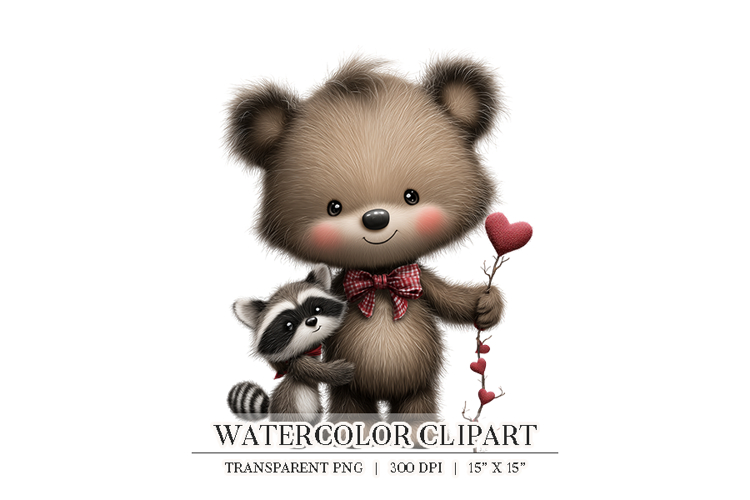 Valentine Bear & Raccoon Clipart PNG