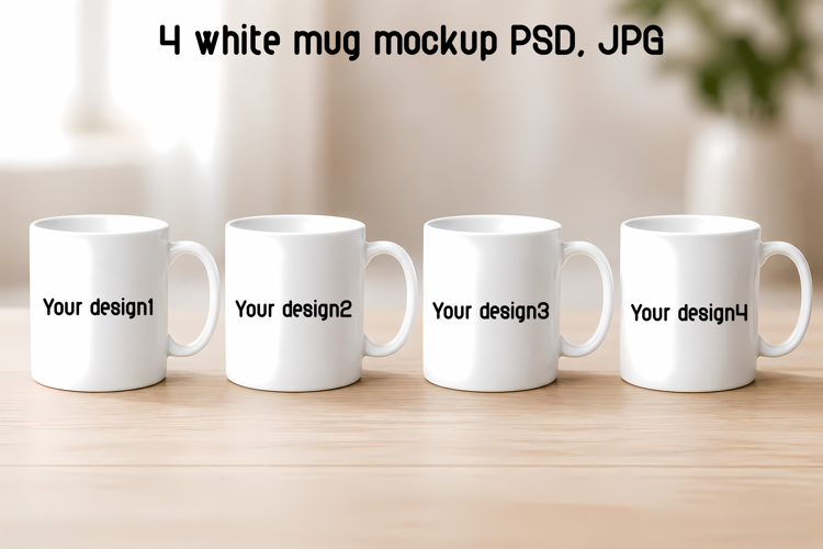 4 White Mug Mockup | Coffee Cup PSD & JPG