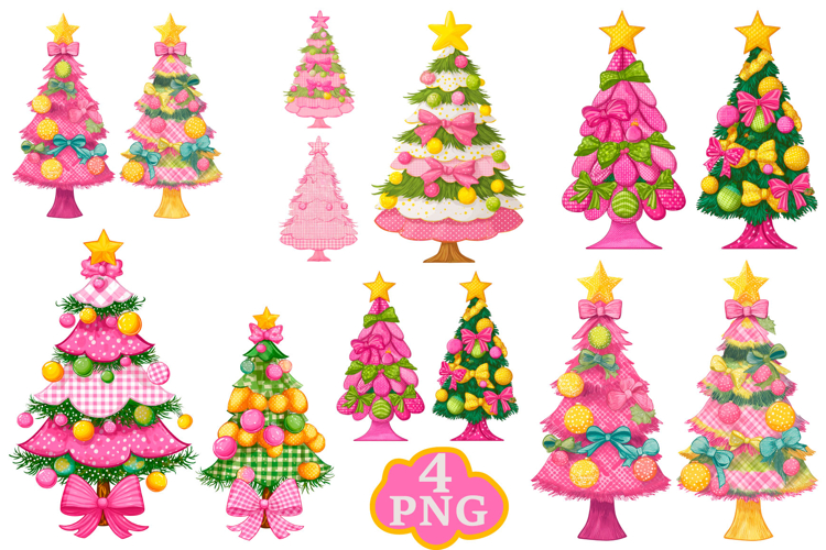 Colorful Coquette Pink Christmas Tree Merry and Bright Png
