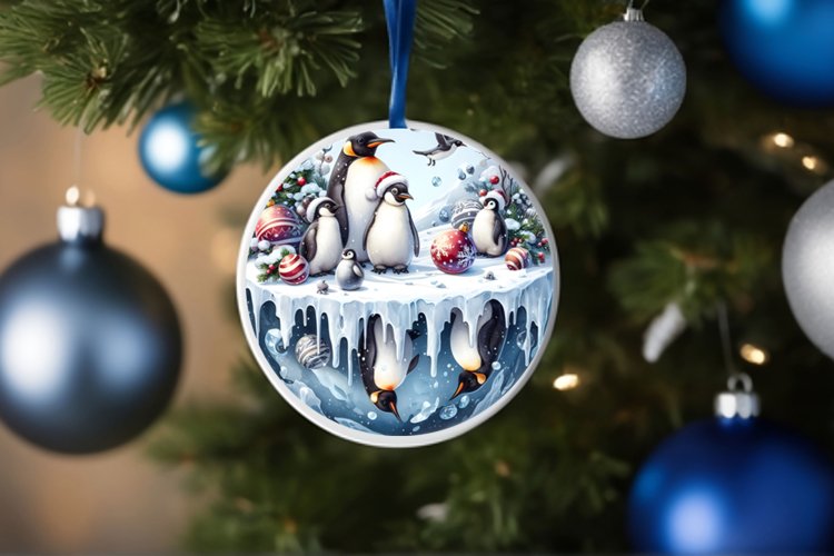 Watercolor Christmas Penguins Ornament