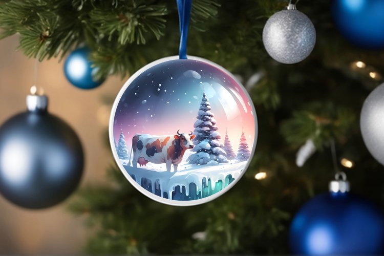 Round Christmas Image with Winter Scene Cow example image 1