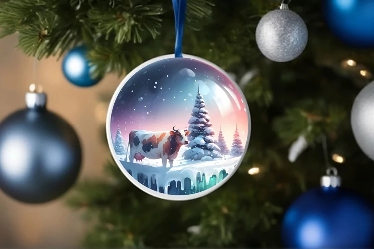 Round Christmas Image with Winter Scene Cow
