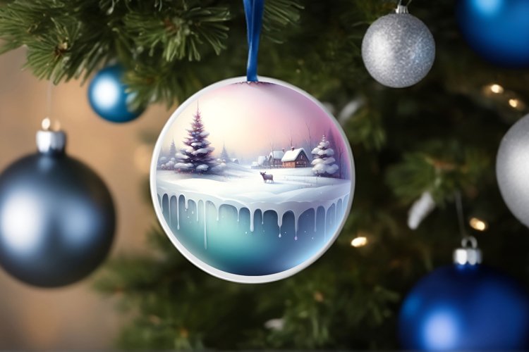Round Christmas Image with Winter Scene Cow example image 1