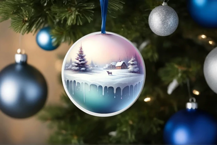 Round Christmas Image with Winter Scene Cow