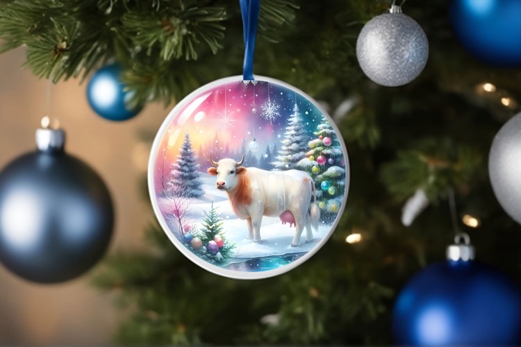 Round Christmas Image with Winter Scene Cow example image 1