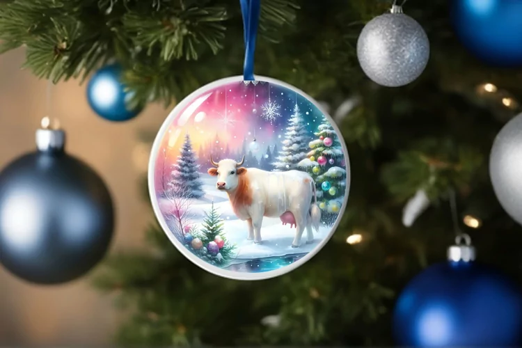 Round Christmas Image with Winter Scene Cow